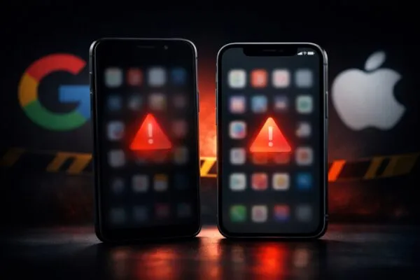 Imagen editorial de teléfonos con apps borrosas, representando la eliminación de apps de IA por generar desnudos