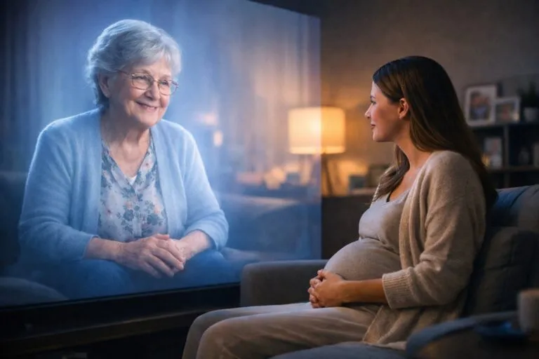 Representación emocional de una mujer hablando con el avatar de un familiar fallecido creado con inteligencia artificial