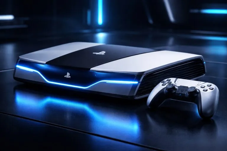 Render conceptual de una consola PlayStation 6 con estética futurista sobre fondo oscuro y moderno