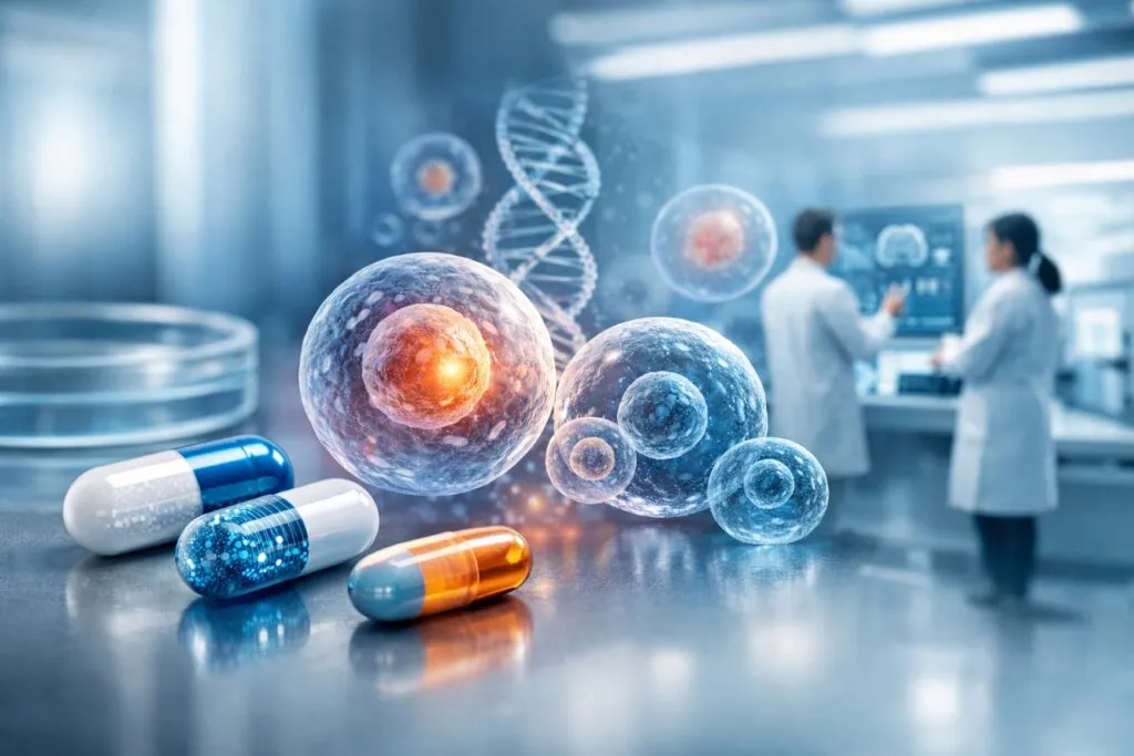 Representación de medicamentos innovadores usados en terapias de precisión para tratar enfermedades complejas