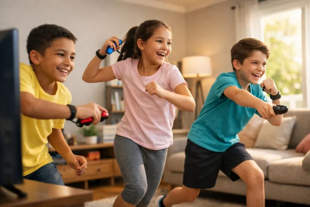 Niños en una sala jugando videojuegos activos como Just Dance que promueven ejercicio físico