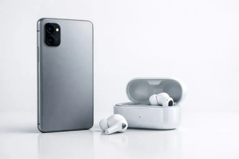 Diseño conceptual de smartphone económico y auriculares con estilo moderno, simbolizando la estrategia de Nothing sin smartphone insignia