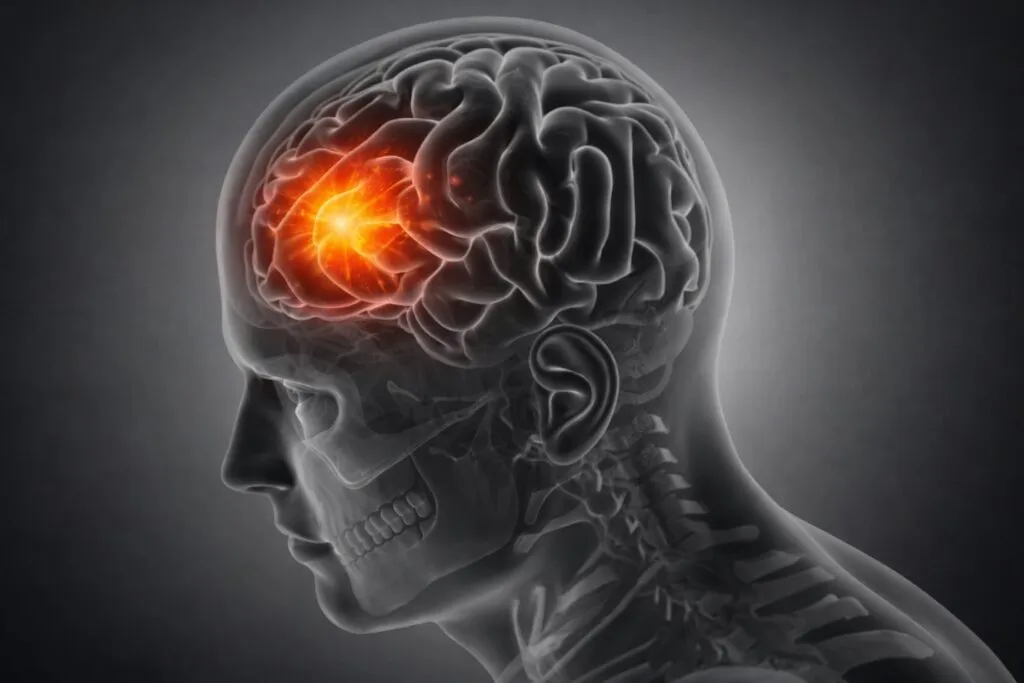 Imagen médica del cerebro humano con punto de infarto cerebral iluminado, representando el ataque cerebral y su tratamiento