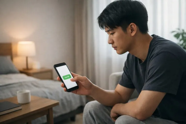 Persona en un departamento usando la app viral Are You Dead Yet para confirmar que sigue con vida en China