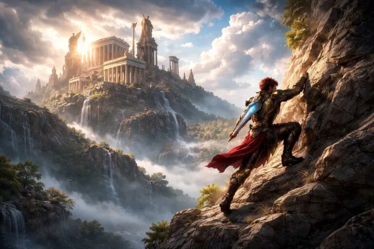 Escena mitológica de videojuego con personaje escalando una montaña, en juego disponible en PS Plus