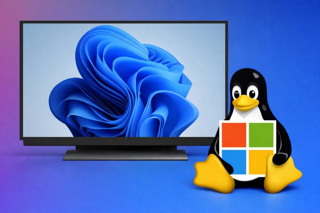 Ilustración editorial de Tux con ventanas abiertas de aplicaciones Linux en pantalla, estilo moderno y tecnológico