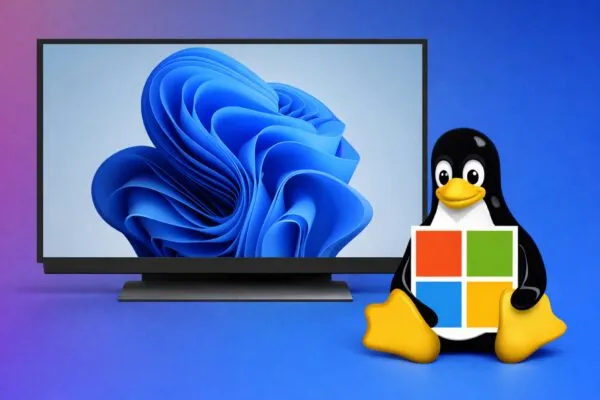 Ilustración editorial de Tux con ventanas abiertas de aplicaciones Linux en pantalla, estilo moderno y tecnológico