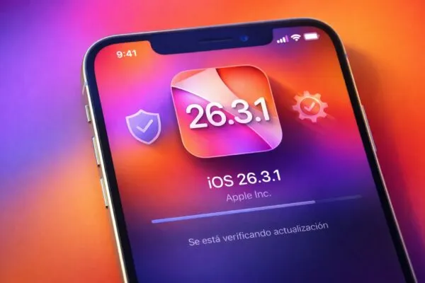 iPhone mostrando pantalla de actualización iOS 26.3.1 con íconos de seguridad y parches del sistema.