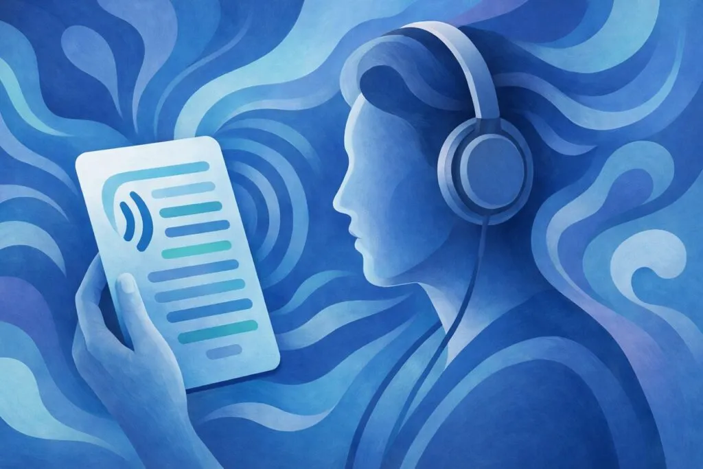 Persona escuchando un PDF leído en voz alta desde el celular mientras hace otras tareas en casa o al aire libre
