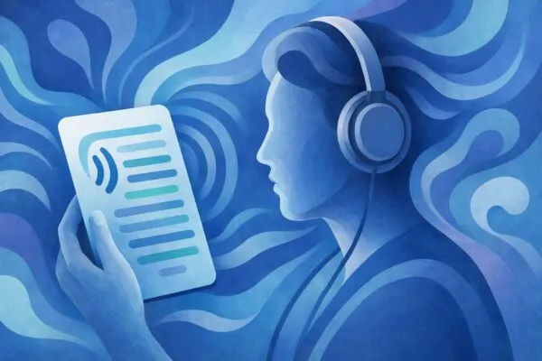 Persona escuchando un PDF leído en voz alta desde el celular mientras hace otras tareas en casa o al aire libre