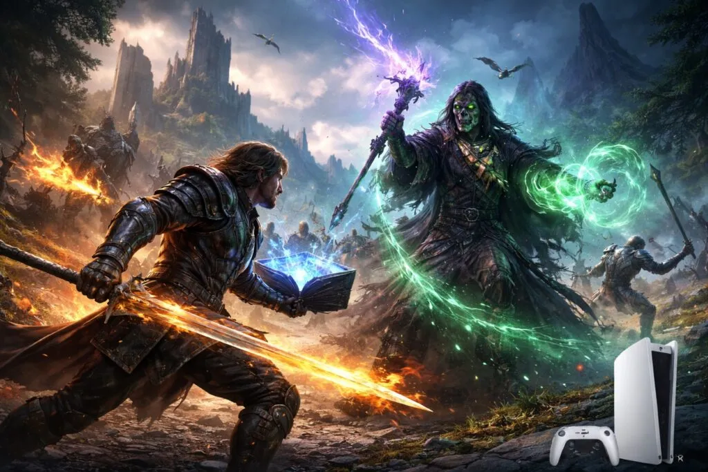 Captura del juego Avowed PS5 mostrando acción con magia y espadas y contenido expandido