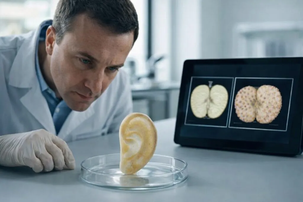 Imagen editorial de un andamio vegetal transformado en cartílago humano biofabricado mostrando investigación de medicina regenerativa