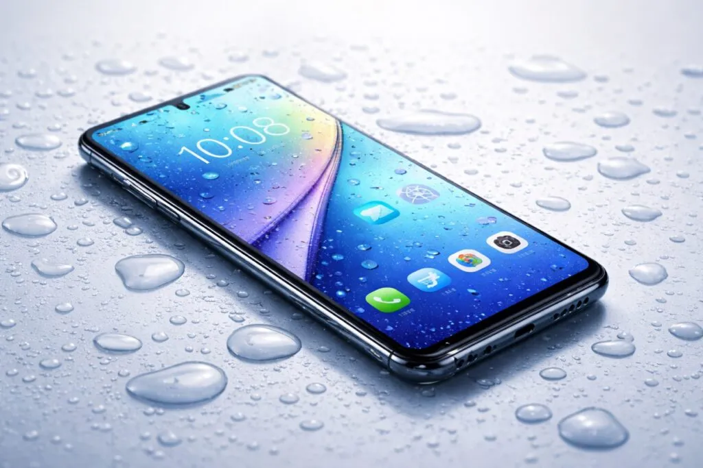 Smartphone con gotas de agua y pantalla encendida, ilustrando resistencia al agua con diseño moderno
