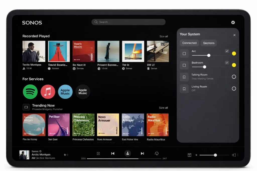 Pantalla de la nueva interfaz de la app Sonos en modo oscuro con funciones de reproducción y control de dispositivos