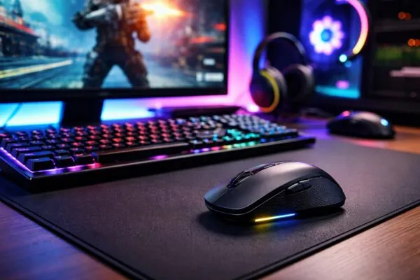 Escritorio con mouse gaming inalámbrico, teclado mecánico e iluminación RGB, ideal para setups de videojuegos en 2026