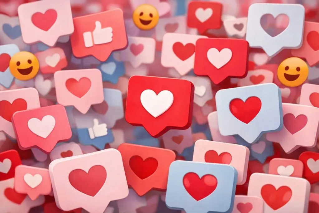 Íconos de likes en tonos suaves y contrastantes, simbolizando el efecto emocional de las redes sociales en los jóvenes