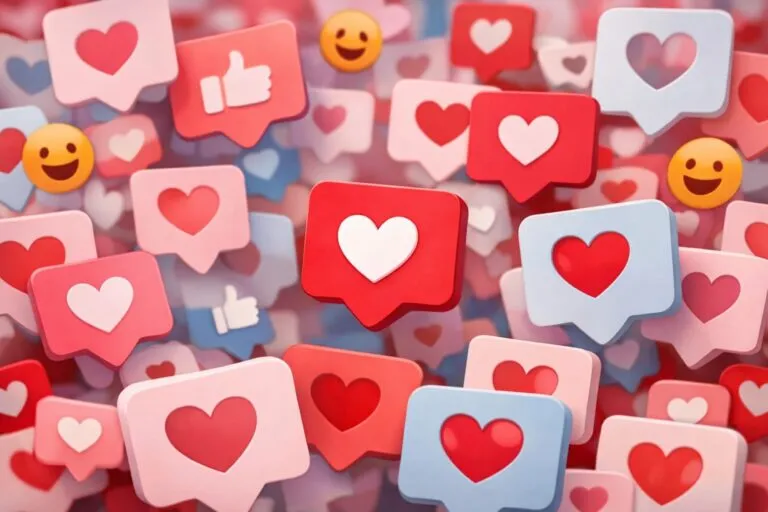 Íconos de likes en tonos suaves y contrastantes, simbolizando el efecto emocional de las redes sociales en los jóvenes