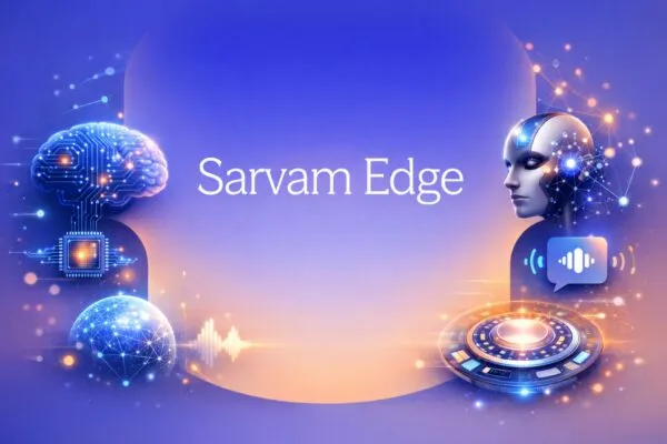 Dispositivo móvil mostrando funciones de Sarvam Edge IA con reconocimiento de voz y traducción local India