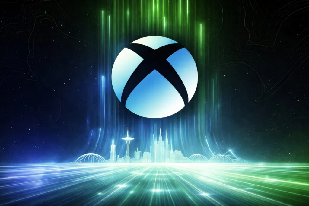 Imagen editorial con arte conceptual de videojuegos como Fable, Halo y Forza Horizon en un entorno Xbox futurista