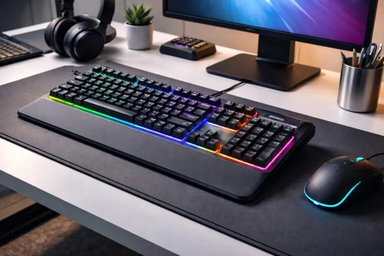 Teclado SteelSeries Apex 3 resistente y silencioso colocado en escritorio tecnológico