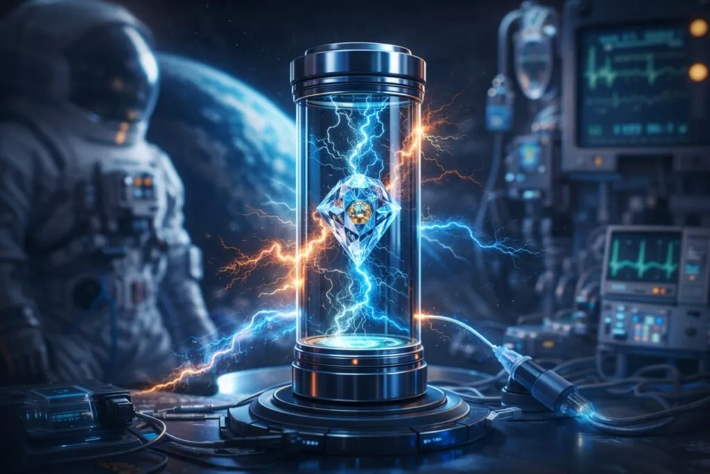 Imagen editorial de una batería nuclear de diamante produciendo energía continua para aplicaciones tecnológicas