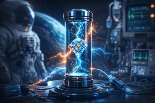 Imagen editorial de una batería nuclear de diamante produciendo energía continua para aplicaciones tecnológicas