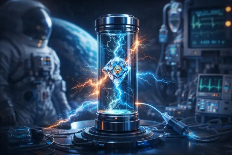 Imagen editorial de una batería nuclear de diamante produciendo energía continua para aplicaciones tecnológicas