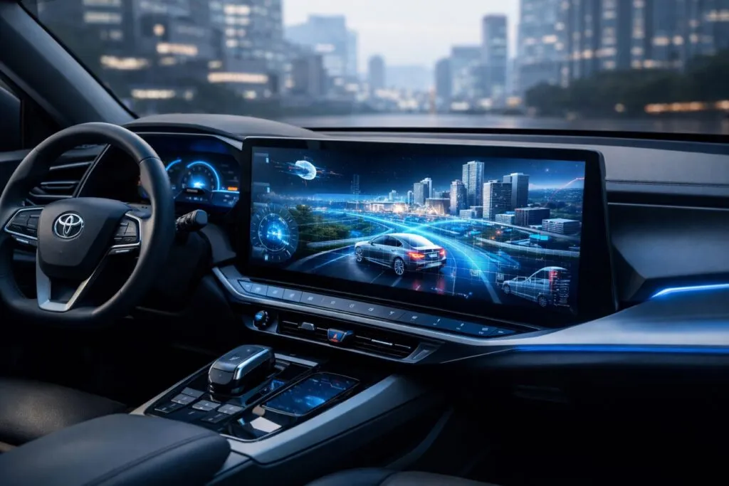 Interfaz 3D en tablero de Toyota mostrando gráficos del motor de videojuegos Fluorite optimizado