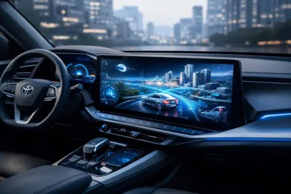 Interfaz 3D en tablero de Toyota mostrando gráficos del motor de videojuegos Fluorite optimizado