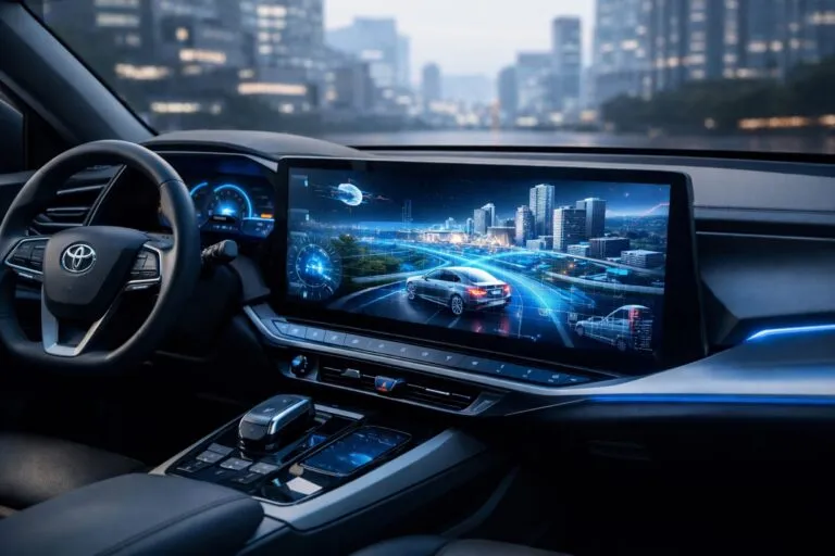 Interfaz 3D en tablero de Toyota mostrando gráficos del motor de videojuegos Fluorite optimizado