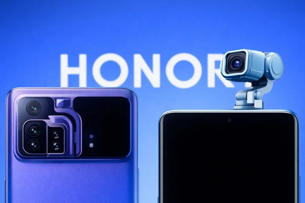 Smartphone Honor Robot Phone mostrando cámara robótica integrada impulsada por IA en fondo tecnológico moderno