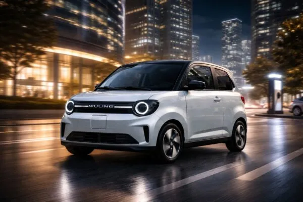 Vista frontal y lateral del Wuling Hongguang MINI EV con diseño actualizado sobre fondo urbano de China