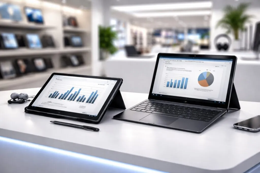 Dispositivos 2 en 1 con laptops híbridas y stylus usados en entorno de productividad digital portátil