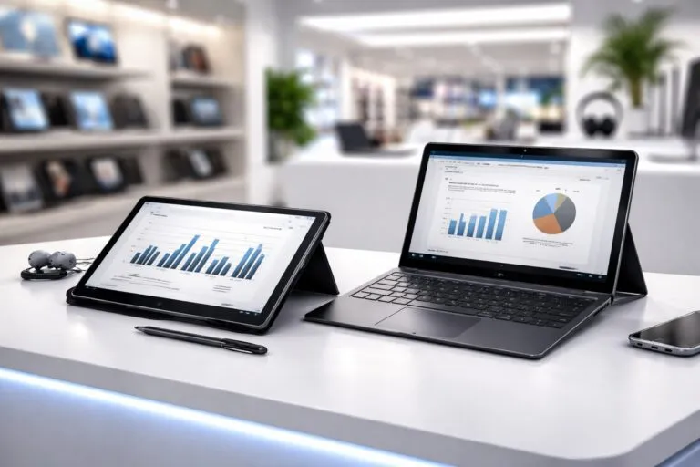 Dispositivos 2 en 1 con laptops híbridas y stylus usados en entorno de productividad digital portátil