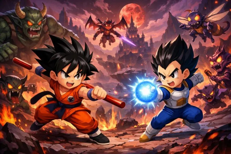 imagen ilustrada de Goku Mini y Vegeta Mini enfrentando enemigos en el Reino Demoníaco de Dragon Ball Z Kakarot Daima