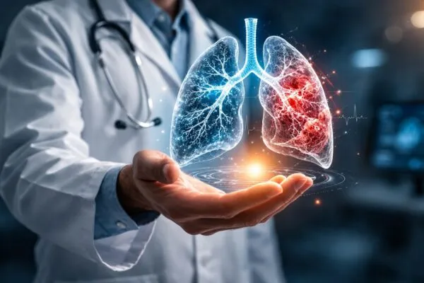 Pulmones digitales fotorealistas con tonos sobrios y enfoque médico profesional para ilustrar enfermedades respiratorias