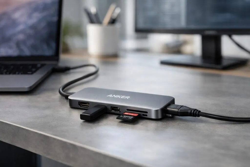 Hub USB-C Anker 7 en 1 con HDMI 4K y carga 100W en escritorio moderno