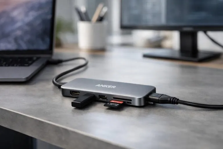 Hub USB-C Anker 7 en 1 con HDMI 4K y carga 100W en escritorio moderno