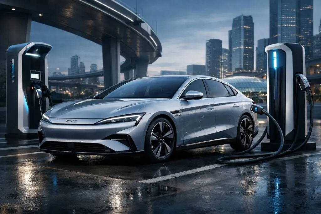 Vehículo eléctrico con batería EV avanzada y estaciones de carga ultrarrápida en ambiente futurista