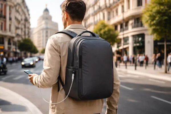 Mochila inteligente con diseño ergonómico y puerto USB usada en movilidad urbana en España