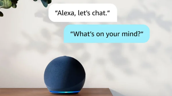 Alexa con IA en dispositivo Echo mostrando asistente inteligente conversacional con hogar conectado y pantalla interactiva moderna