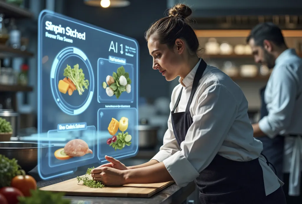 Chef utilizando IA para desarrollar nuevas combinaciones de alimentos en laboratorio gastronómico, tendencia de la que habla La Cosmopolitana.