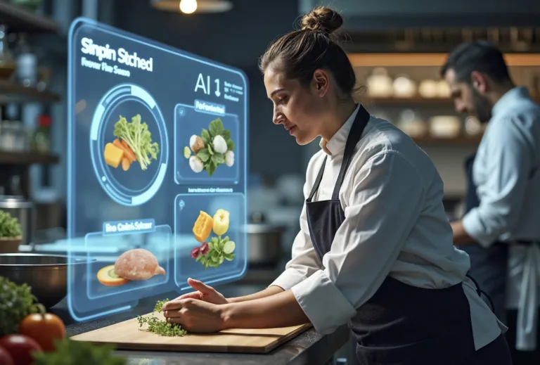 Chef utilizando IA para desarrollar nuevas combinaciones de alimentos en laboratorio gastronómico, tendencia de la que habla La Cosmopolitana.