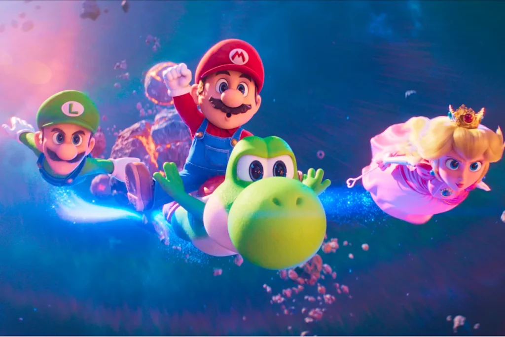 Escena de Mario Galaxy película con entornos espaciales, iluminación avanzada y animación digital inmersiva inspirada en tecnología moderna