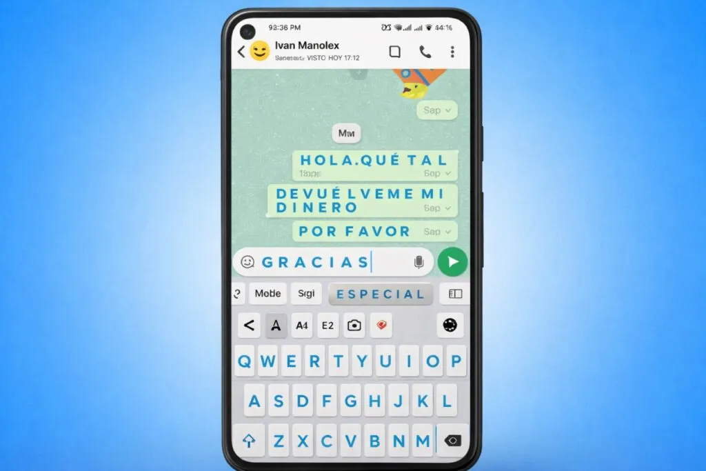 usuario intentando escribir en azul en WhatsApp desde su smartphone con apps externas