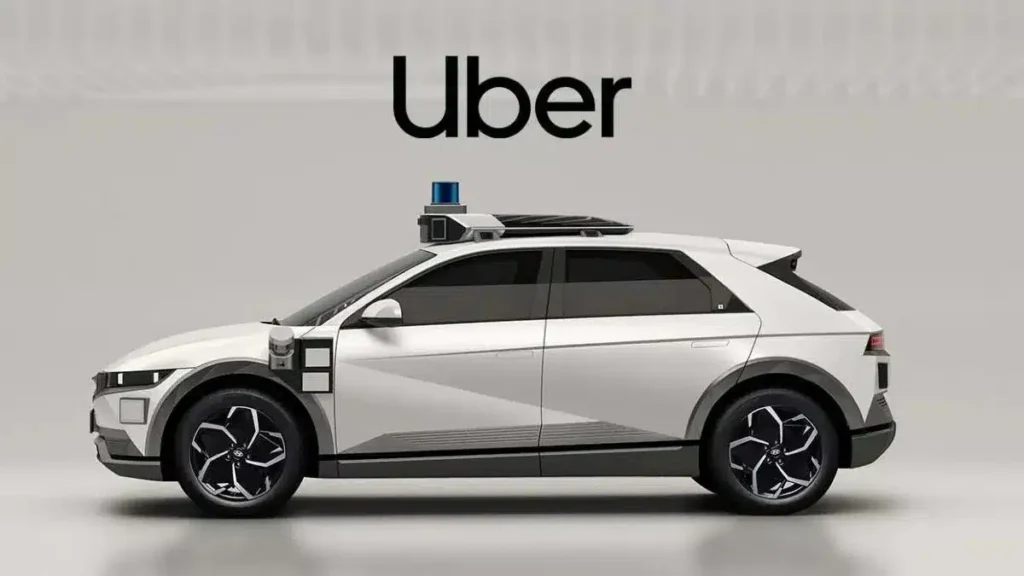 Uber robotaxis autos autónomos en ciudad moderna con tecnología de movilidad sin chofer