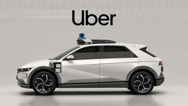 Uber robotaxis autos autónomos en ciudad moderna con tecnología de movilidad sin chofer