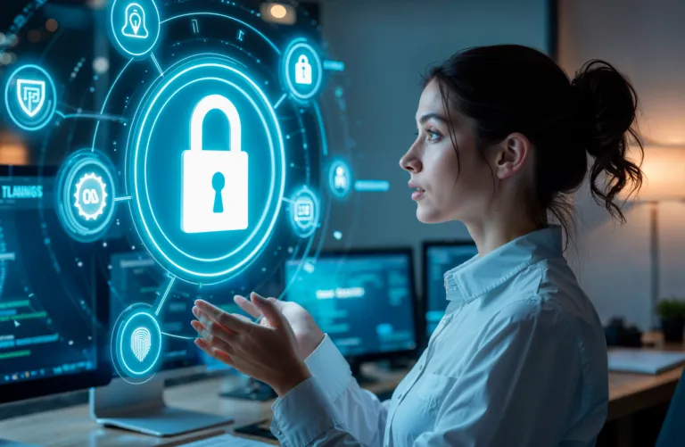 Sistema digital monitoreando ciberataques con IA en tiempo real, según lo describe Seguritech Privada.