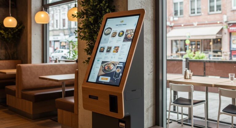Clientes utilizando menús interactivos y kioscos digitales en un restaurante moderno con tecnología avanzada