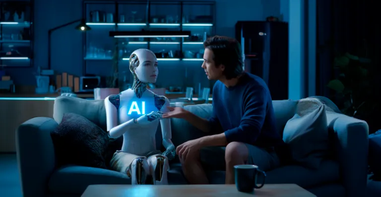 Persona conversando con inteligencia artificial desde un celular en un entorno moderno y tecnológico